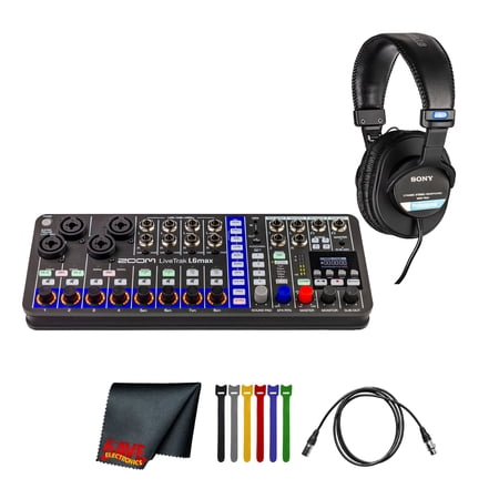 Zoom LiveTrak L6max Portable 12-Channel Mixer and Recorder + Microfiber Cleaning Cloth + 10 Ft XLR Cable + 4xAA Batteries With Charger + Wire Straps + MDR-7506 Professional Stereo Headphones