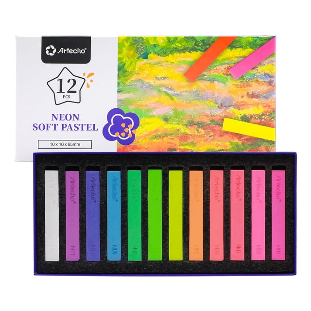 Artecho 12 piezas de pasteles suaves de neón, tiza cuadrada para dibujar, mezclar, superponer capas, sombrear, pasteles, suministros de arte