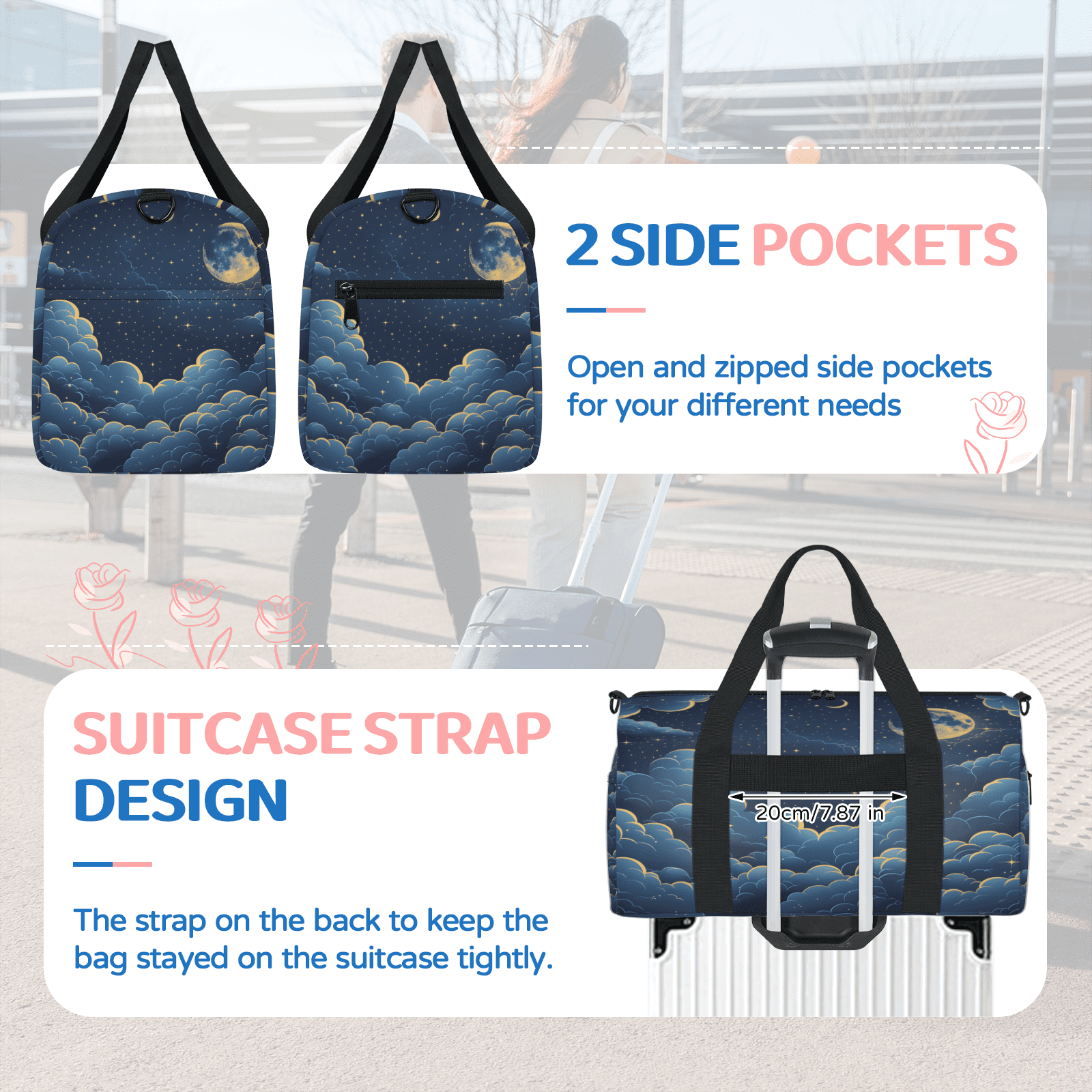 Herdesigns Space Galaxy Gym Bag for Women, Duffle Bag for Travel Sport, Moon Star Lightweight Waterproof Carry on Weekender Dance Yoga Workout Bags