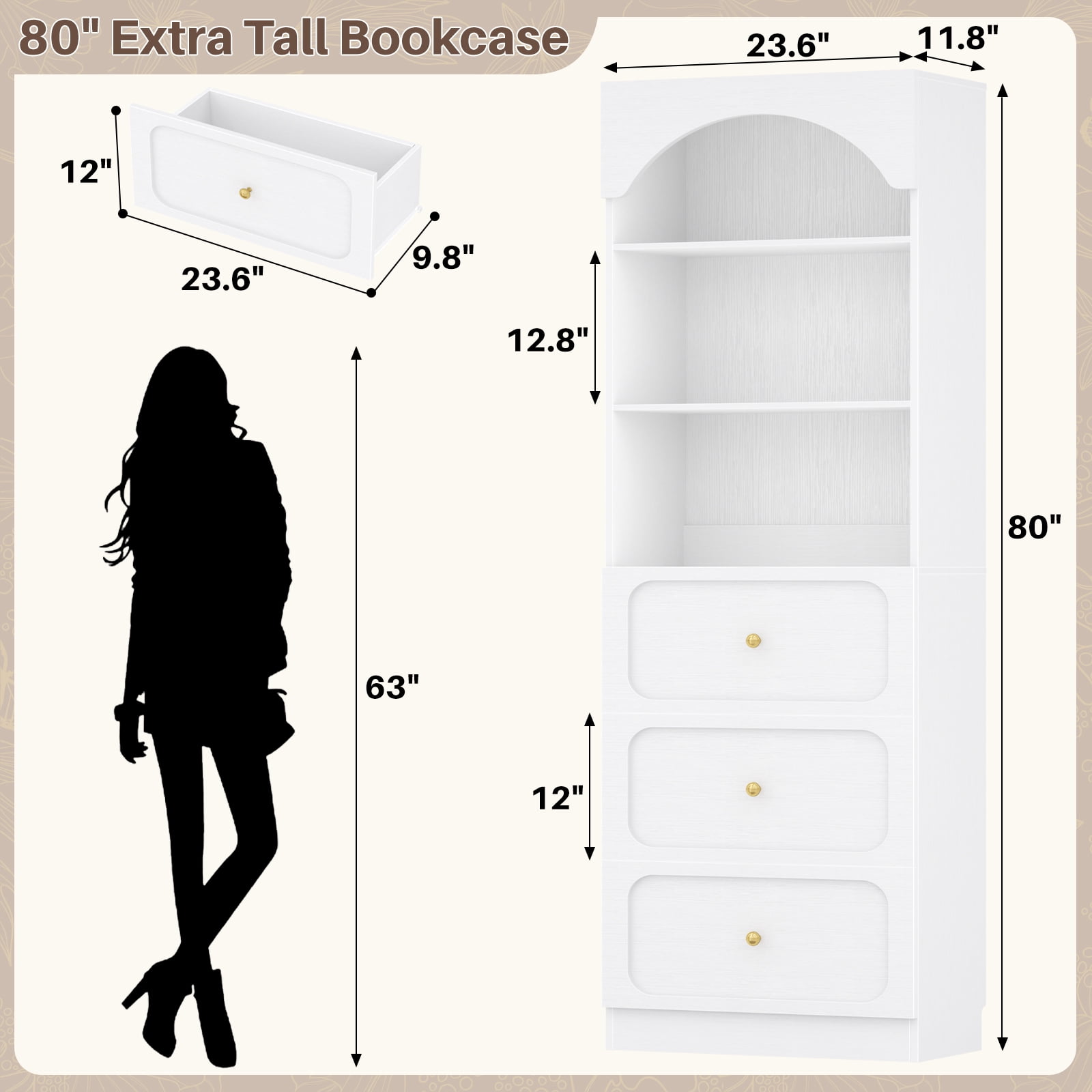 Homieasy 80" Tall Arched Bookcase with 3 Drawers & 3 Open Shelves - Wooden Storage Cabinet for Living Room, Kitchen, Office,White