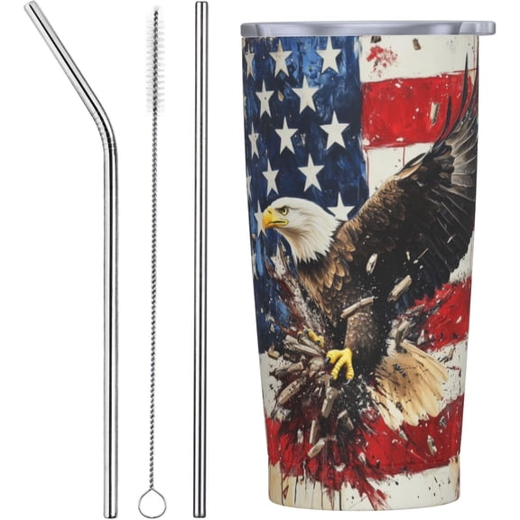 Eagle USA Flag Tumbler with Lid and Straw 20oz Travel Coffee Mug Gifts Stainless Steel Vacuum Insulated Cup Double Wall Water Bottle for Office Car Home