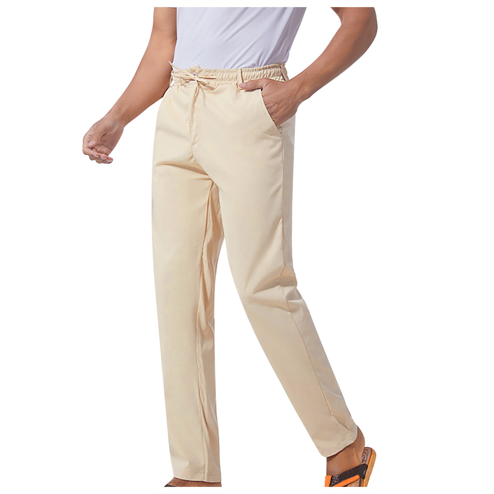 Tdoqot Chinos Pants Men- Cotton Drawstring Comftable Elastic Waist Slim Casual Mens Pants Beige - image 2 of 6