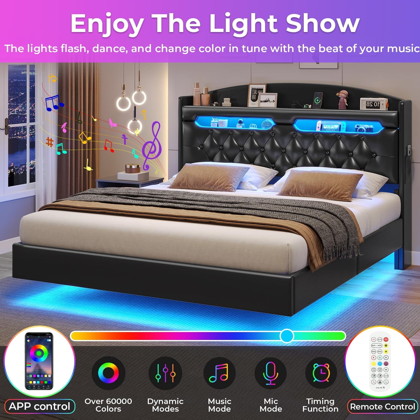 Floating Bed Frame Queen Size with Hidden Storage Headboard, Floating Platform Bed with LED Light and Charging Station, No Box Spring Needed, PU Black