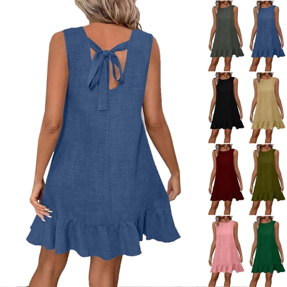 Women's Summer Casual V-Neck Sleeveless Mini Dress Tie Shoulder Width Layered Ruffle Flowing A-line Skirt Short Skirt Pink S