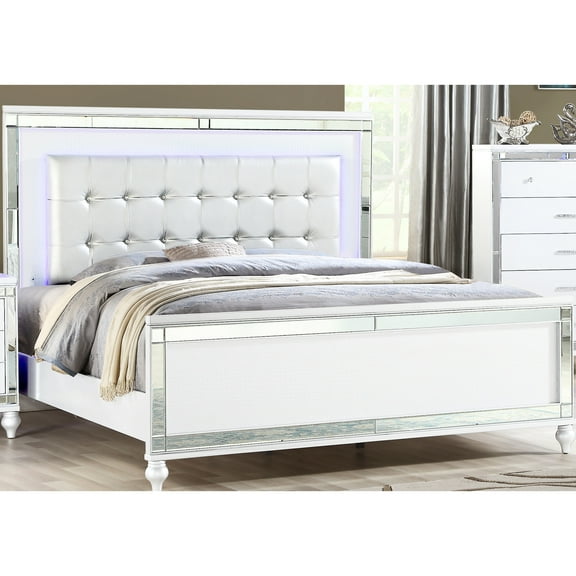 Glamourous Queen Size Bed With White Upholstery, Led Headboard And Crystal Tufting Headboard, Upholstery In Modern Design