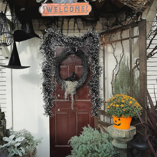 Guirnalda de Ratán Artificial de 177 Cm, Color Negro, Naranja, Morado, Rojo y Verde, de Plástico, para Halloween y Acción de Gracias | Corona Festiva Duradera para Marcos de Puertas, Mesas, Bodas y F