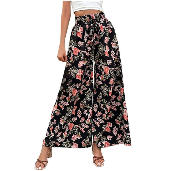 Pants for Women High Elastic Waist Printed Pants Wide Leg Lounge Flowy Beach Vacation Trendy Trousers