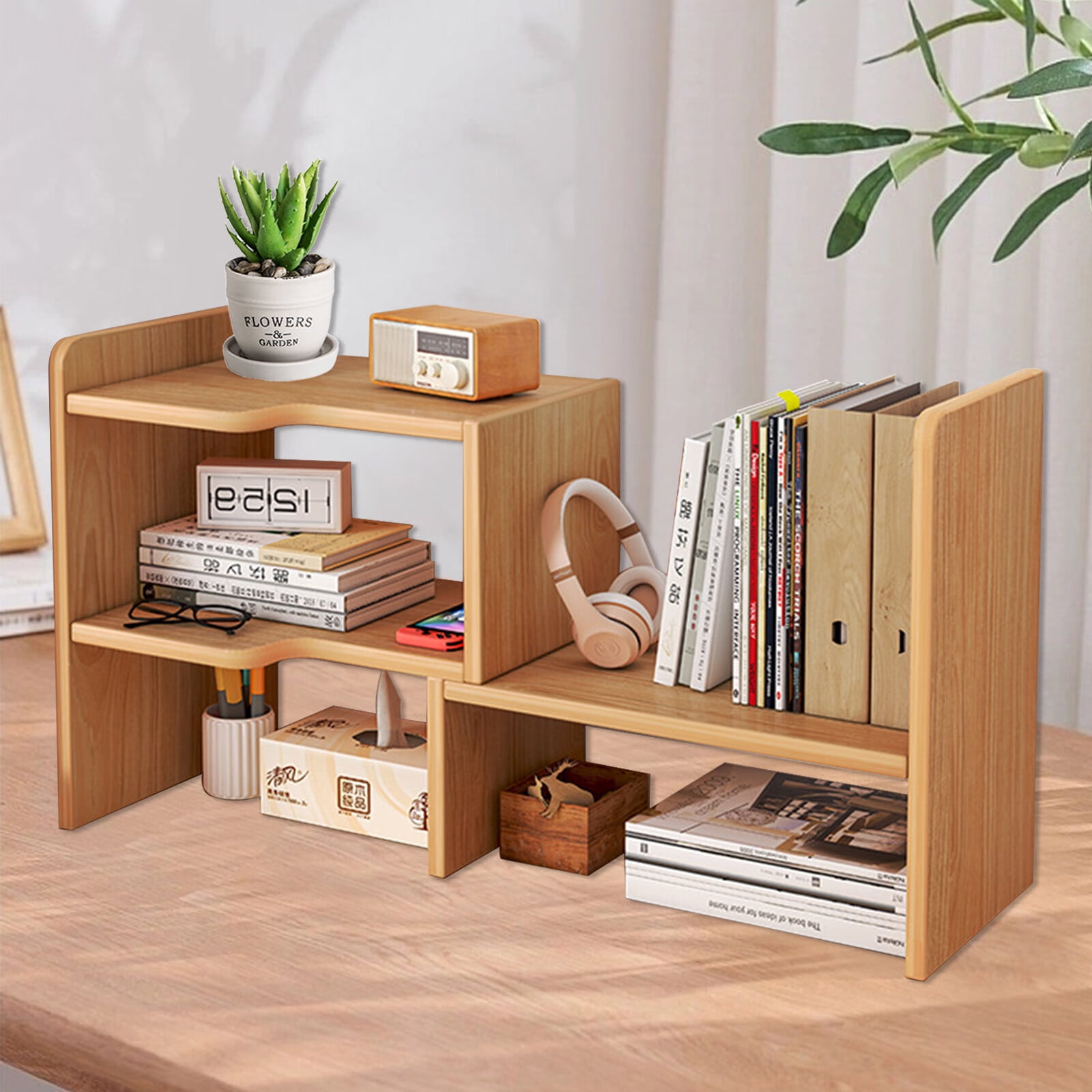 Wood Desk Storage Organizer, Stuffygreenus Desktop Display Shelf