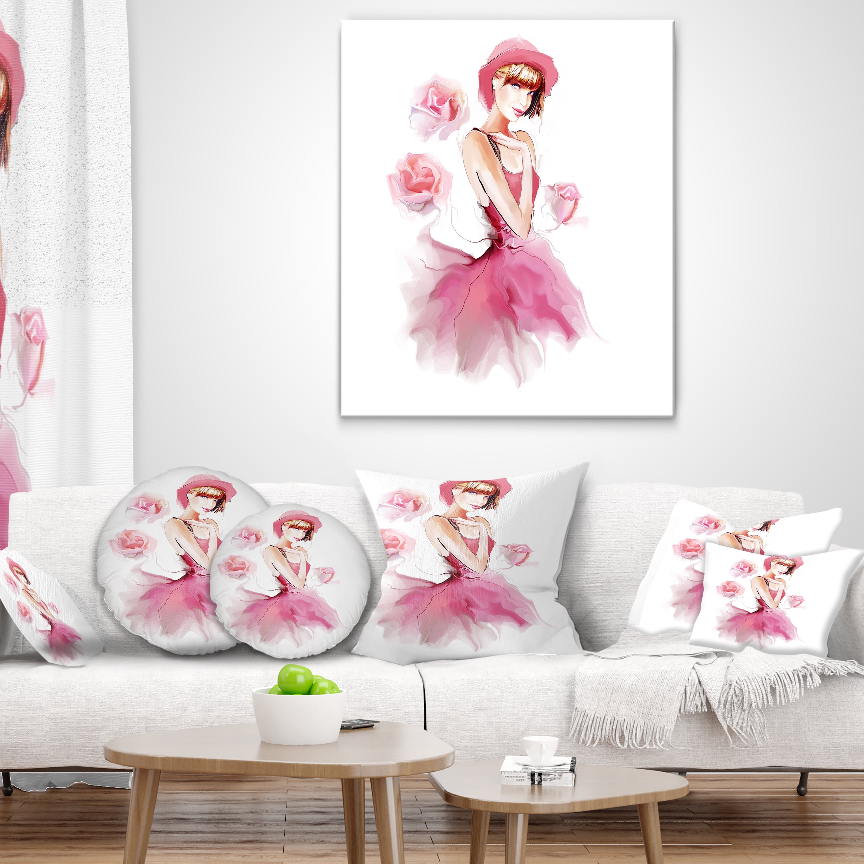 Designart Woman in Pink Dress and Hat - Digital Art Portrait Throw Pillow - 18x18