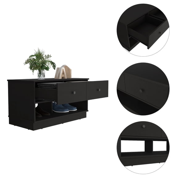Dtwnek Wood Storage Bench with Lower Shelf and 2 Drawers, Black