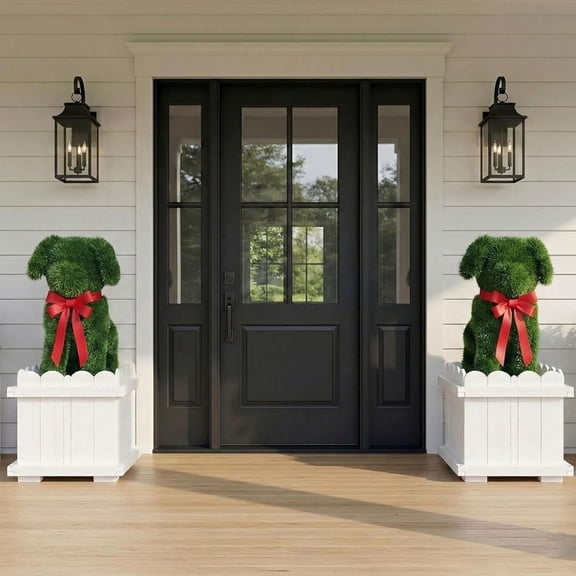 BERPET White Planter Box with Artificial Dog Topiary - 34.65"H Decorative Outdoor Garden Planter for Front Door, Porch, Patio - 2 Pack