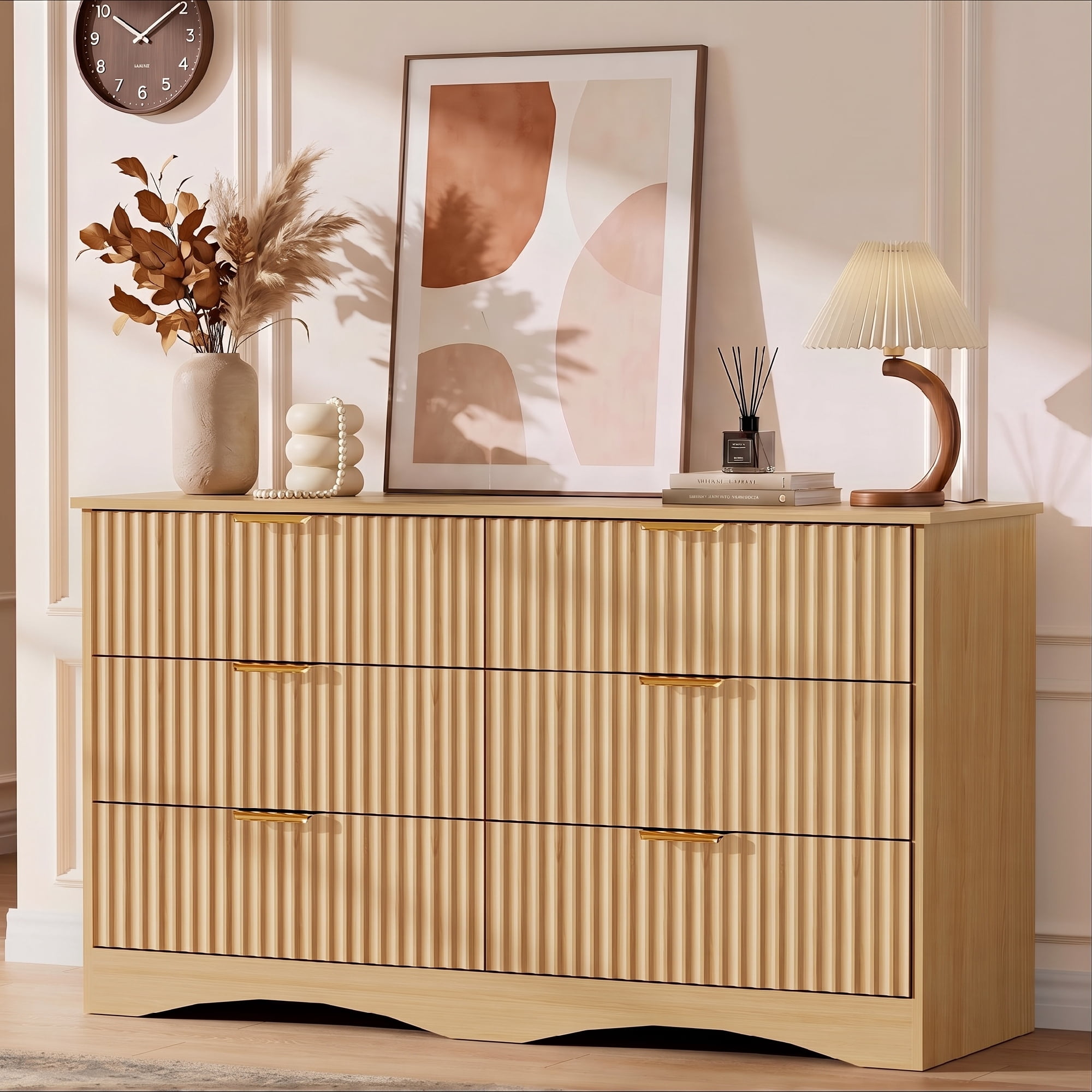 Lacoo 6 Drawer Dresser, 47'' Wide Fluted Dresser with Gold-Tone Handles, Wood Storage Chest with Smooth Glides, Modern Low Dresser for Bedroom, Living Room, Natural