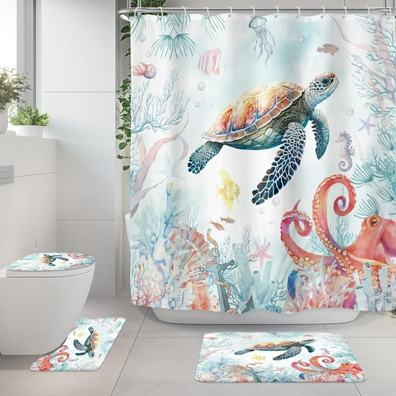 Sea Turtle Octopus 4Pcs Bathroom Shower Curtain Sets Kids Ocean Beach Underwater Bathroom Decor Set with Rugs and Accessories Starfish Toilet Lid Rug, Contour and Bath Mat with 12 Hooks