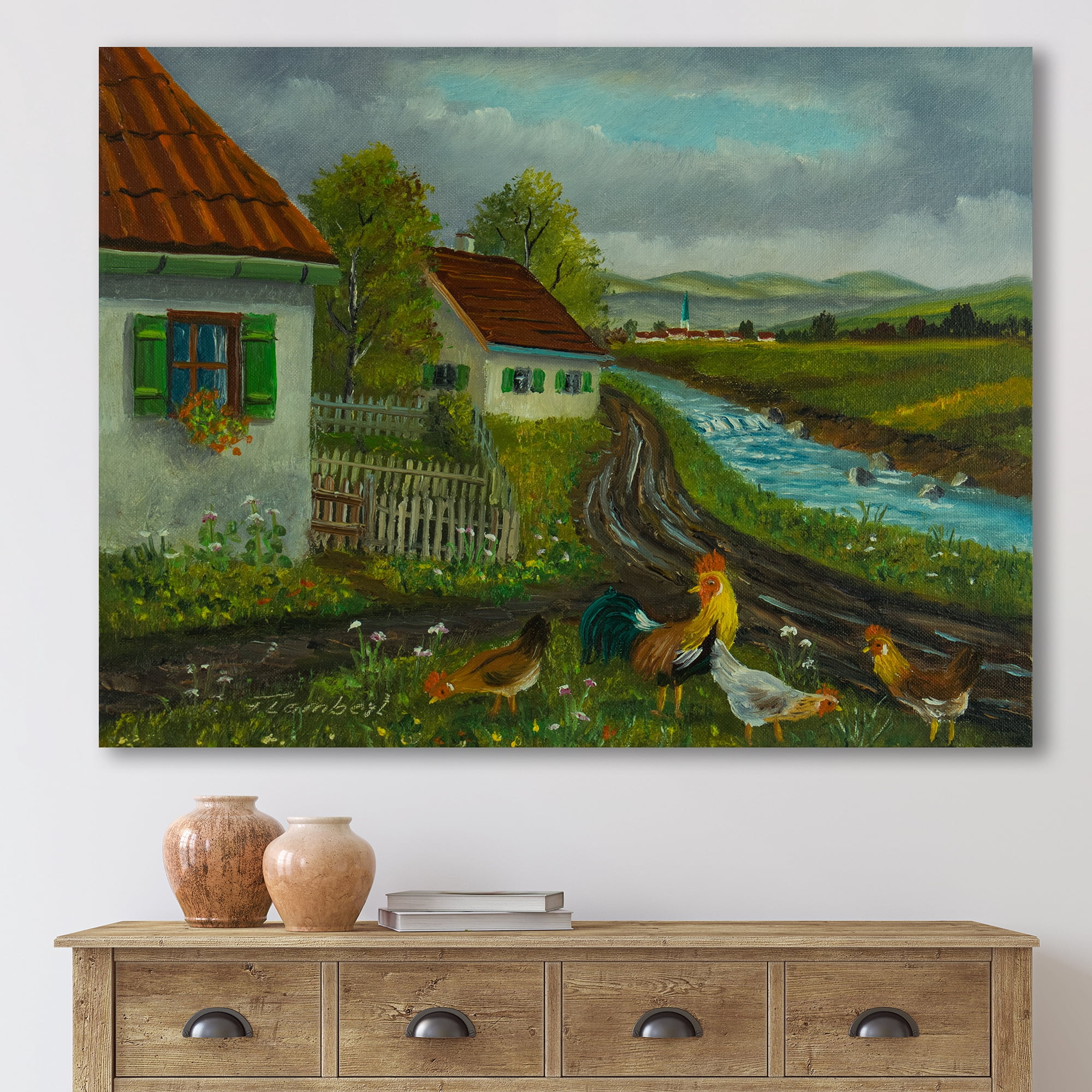 Designart ' A Cock and Three Chickens In A Meadow With Flowers ' Farmhouse Canvas Wall Art Print