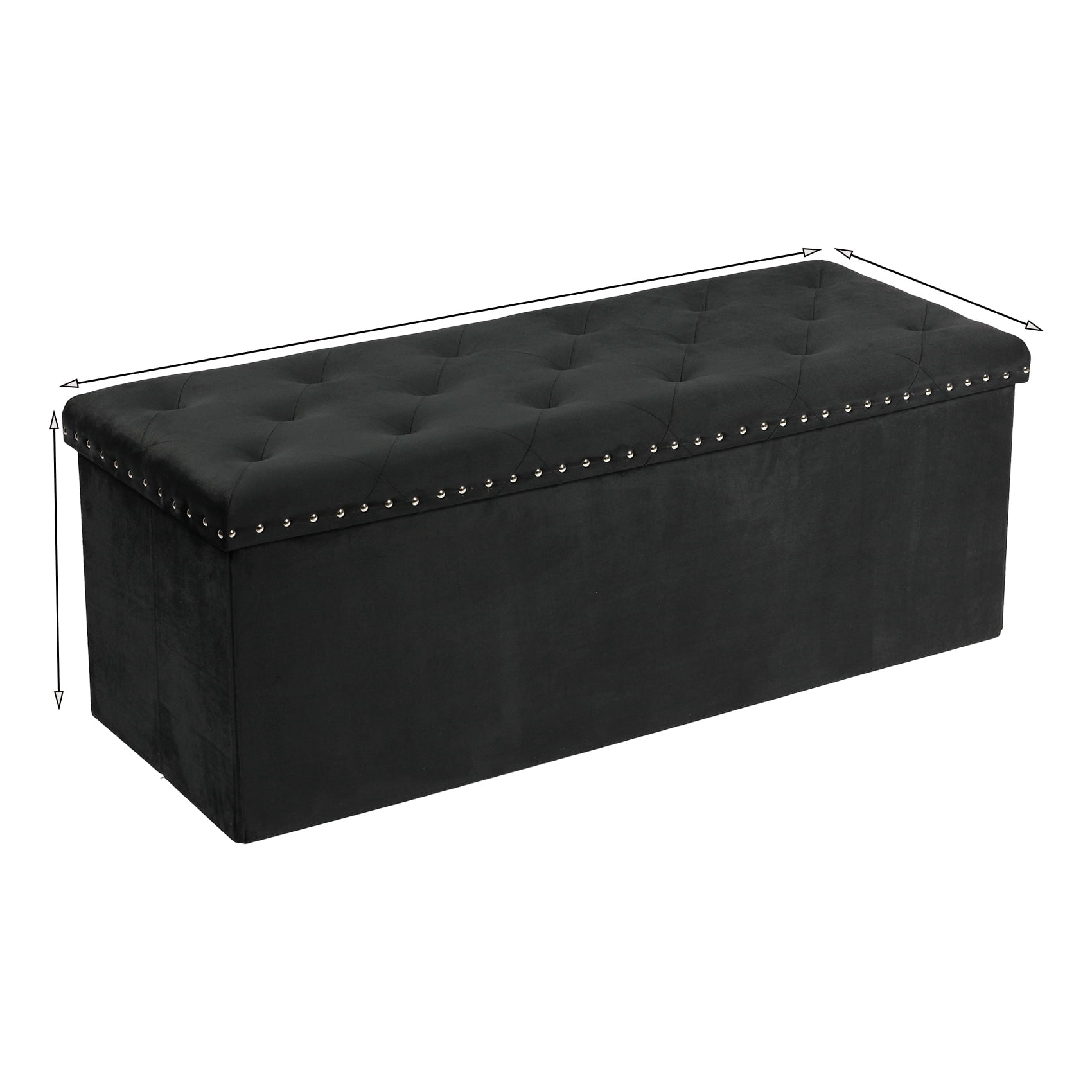 PINPLUS 43.3" Black Velvet Ottoman Storage,Extra Large End of Bed Storage Box with Lids,Footstool Folding Bench Window Seat with Rivet