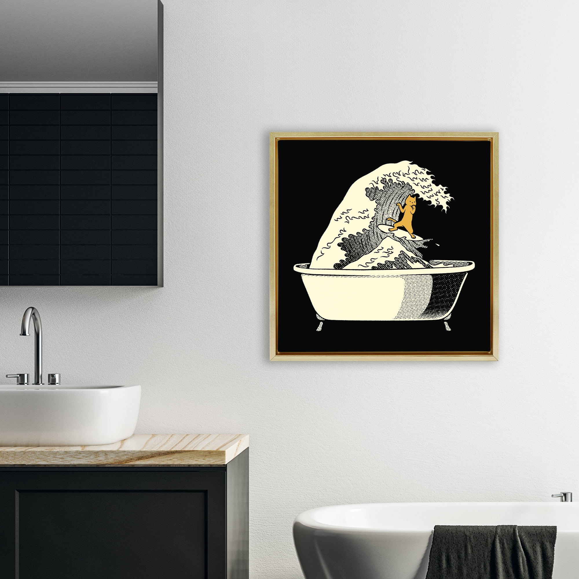 Stupell Industries Kanagawa Bathtub Cat Gold Framed Floater Canvas Wall Art, design by Tobe Fonseca
