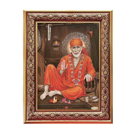 Bm Traders Sai Baba Shirdi Silver Zari Artwork Photo In Golden Wall Hanging-/-TableTop Frame (7.50 X 9.50 Inch) OR (19.05 X 24.13 Cm) Religious Gifting