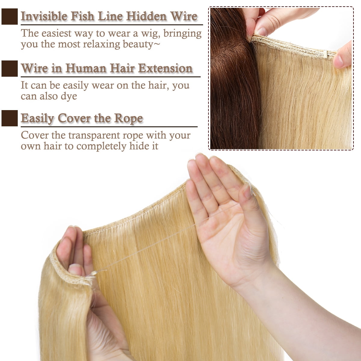 SEGO Wire in Human Hair Extensions Hidden Hair Extensions with Invisible Band Translucent Fish Line Hairpiece without Clip