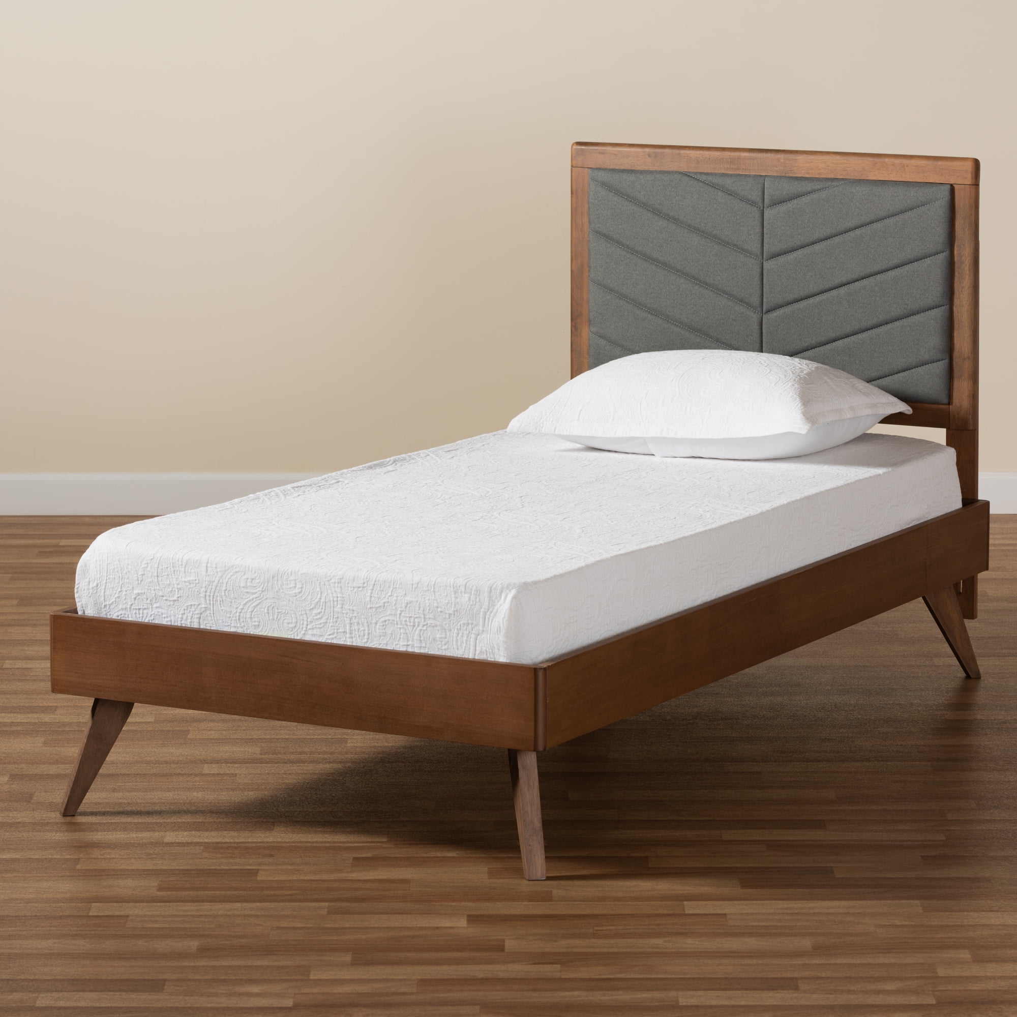 Baxton Studio Roze Mid-Century Modern Dark Grey Fabric Upholstered and Walnut Brown Finished Wood Twin Size Platform Bed