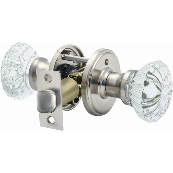 Satin Nickel Glass Privacy Door Knobs - With Lock | Interior Use | Crystal Design | For Bedroom/Bathroom | Ideal for Homeowners