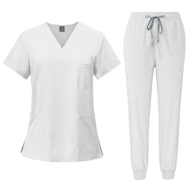 Scrub Sets for Woman Solid Color V-Neck Short Sleeve Long Pants Nurse Uniform with Pock White S