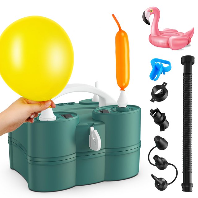 bomba eléctrica para globos loolaa, inflador de corriente alterna 3 en 1, llenado rápido, 110 v multicolor — carcasa verde azulado con asa superior y dos puertos de inflado frontales; mano sujetando globo amarillo en el puerto izquierdo y globo largo naranja en el puerto derecho; incluye manguera negra corrugada, cinco adaptadores de boquilla, herramienta para atar y almacenamiento de cable integrado; cierre lateral y cortador de globos visibles. Ideal para inflar globos y artículos de fiesta como flotadores y colchones de aire.