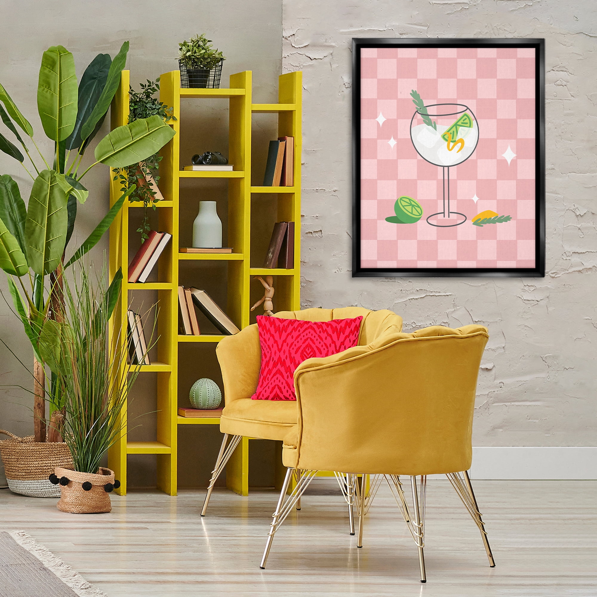 Stupell Industries Gin & Tonic on Checkered Food & Beverage Painting Black Floater Framed Canvas Art Print Wall Art, 25 x 31