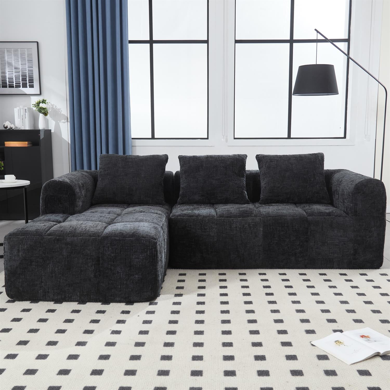 Demi Bonn 98" L-Shaped Modular Sectional Sofa with Chaise, Side Pockets, Modern Comfort Couch, Compression-Free Installation for Living Room, Black