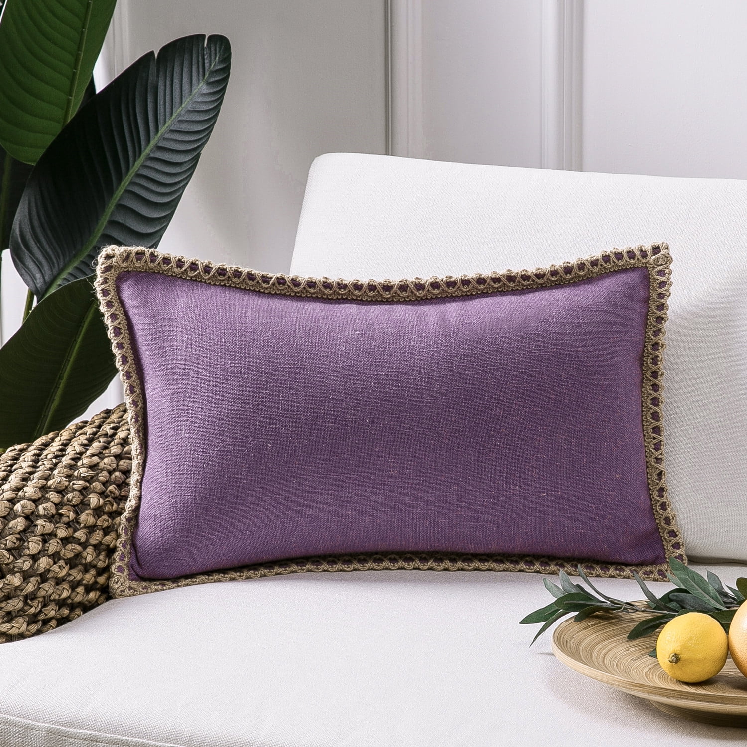 Phantoscope Linen Trimmed Farmhouse Decorative Throw Pillow with Insert, Purple, 12 x 20 in, 1 Pack