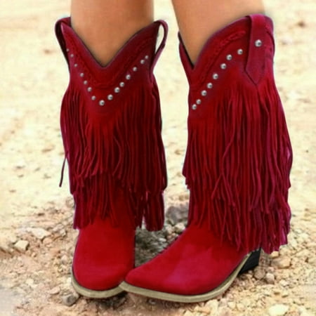

ZMHEGW Boots For Women Casual Retro Fringe Tassel Chunky Heel Mid-Calf Shoes