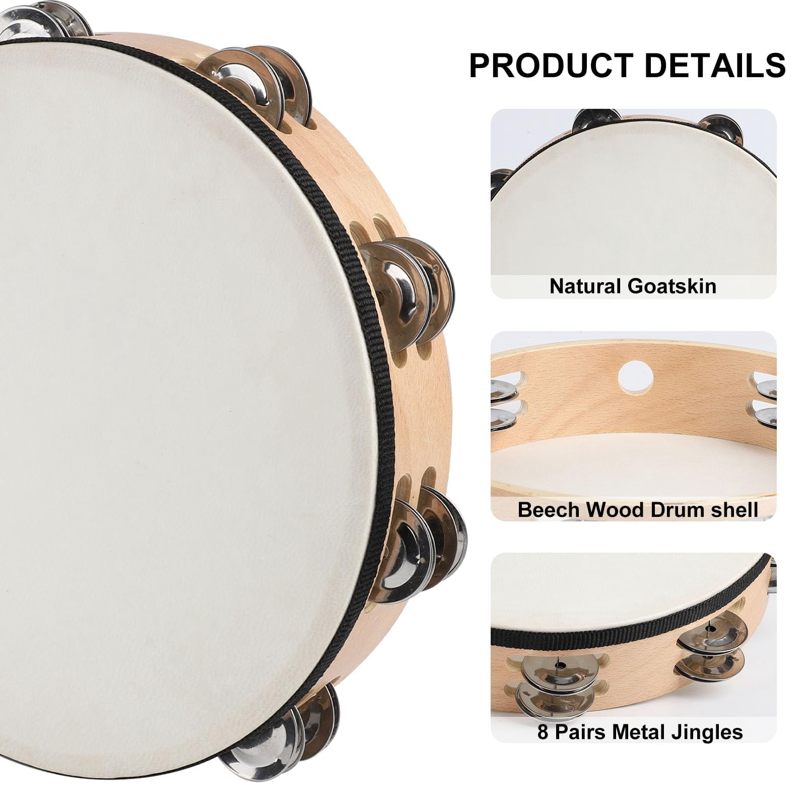 Goatskin Tambourine 10" And 8" Kit With Metal Jingles Hand Held Drum Tambourines For Adults Church Dance Games Ktv Party