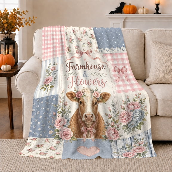 Rustic Farmhouse Cow Portrait Patchwork, Cozy Botanical Garden Scene, Warm Flannel Blanket for Ranch House and Living Room, Animal Lovers Thanksgiving Gift, Artistic Home Decor