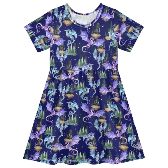 joogoo Fantasy Dragons Girls' Short Sleeve Dress Kids Dresses 5-6T