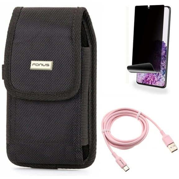 6ft USB-C Cable w Case Belt Clip w Privacy Screen Protector for Samsung Galaxy S20 Plus - Pink Charger Cord Power, Swivel Holster Rugged, TPU Film [NOT GLASS] [Fingerprint Works] fits Galaxy S20 Plus