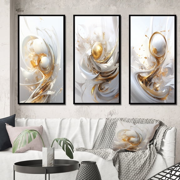 Designart "Golden Sphere Fractal" Fractals Framed Wall Art Set Of 3 - Gold Transitional Frame Canvas Set For Living Room Decor