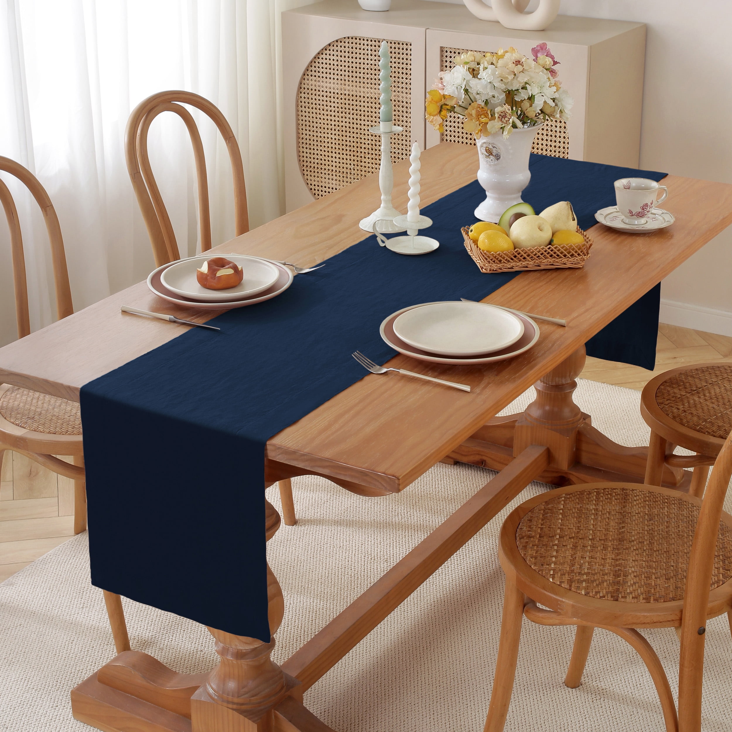 100% Pure Linen Natural Table Runner - 14x90 Inch French Linen Table Decor for Dining, Holidays, Christmas, and Weddings - Navy