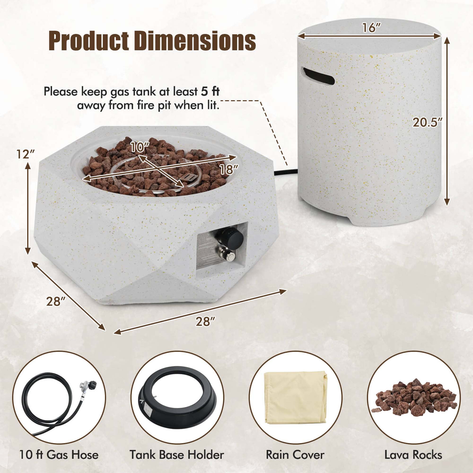 Costway 28" Hexagon Terrazzo Propane Gas Fire Pit Table Set with Hideaway Tank Holder