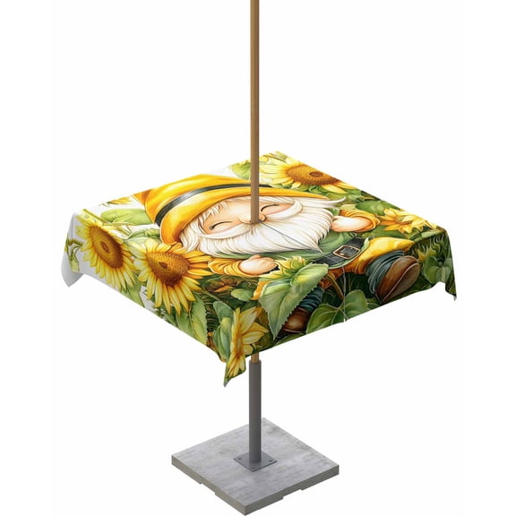 Fsddascl Sunflower Gnomes Outdoor Tablecloth - 60x60 Inch Square Dining Table Cover, Spring Summer Botanical Florals Waterproof Outdoor Table Cloth with Umbrella Hole & Zipper for Picnic/Patio/Party