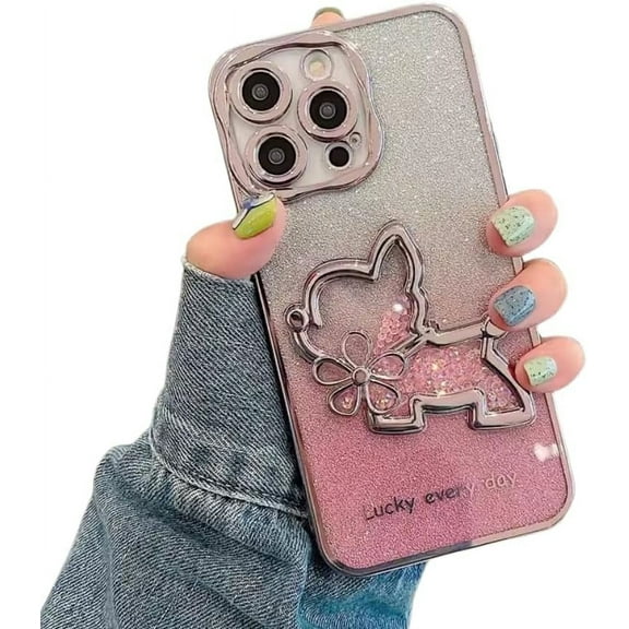 Electroplating Gradient Glitter Quicksand Dog Phone case, Flash Girly Sense, Lens Full Package, Cute and Creative, for iPhone 14 13 12 11 Pro Max Plus Phone case (Pink,iPhone 13 Pro)