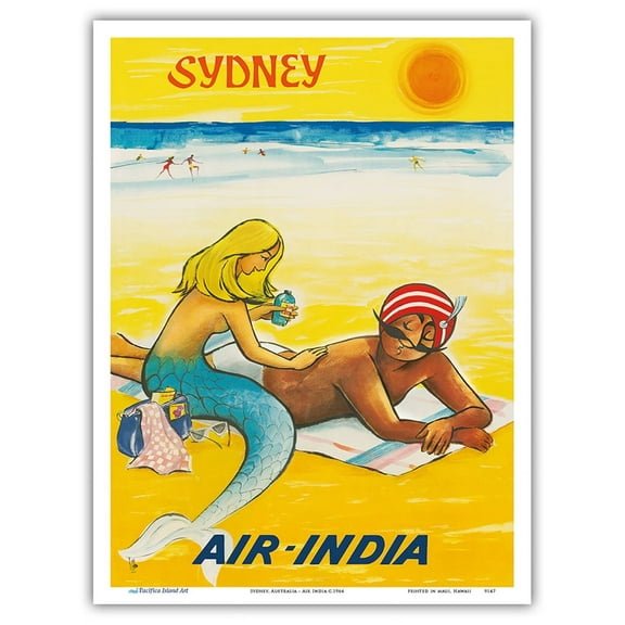 Sydney Australia - Sun Tanning Mermaid with The Maharajah Air India - Vintage Airline Travel Poster by Umesh Rao c.1964 - Master Art Print (Unframed) 9in x 12in