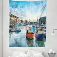 thumbnail image 1 of Beach Tapestry, Fishing Boats Detailed Panoramic Painting Cornwall Harbour Daytime, Fabric Wall Hanging Decor for Bedroom Living Room Dorm, 5 Sizes, Pale Sky Blue Ecru and Ginger, by Ambesonne, 1 of 1