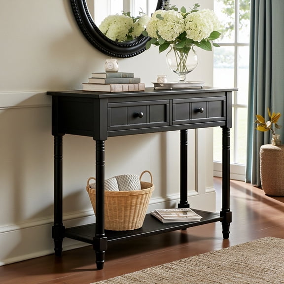GZXS Vintage Antique Console Table with 2 Storage Drawers and Bottom Shelf, 35.5" Compact Entryway Accent Table w/ Solid Pine Wood Legs, Black