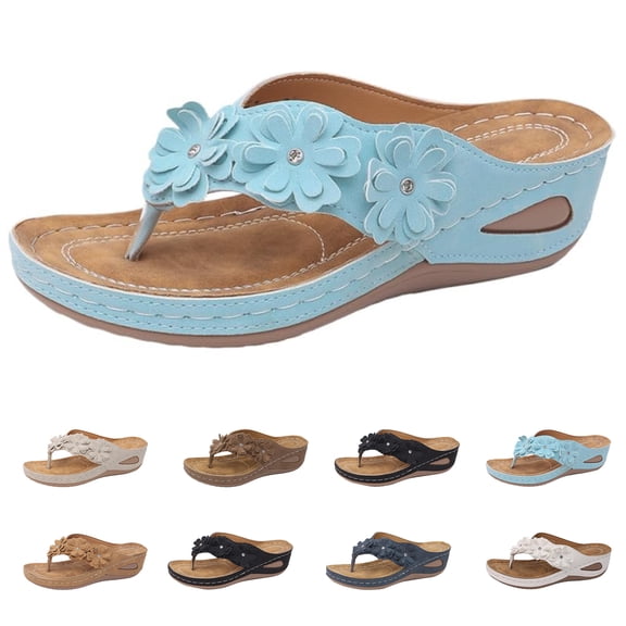 longantii Orthopedic Sandals with Arch Support Flip Flops for Women Flower Platform Wedge Sandals Soft Cushion Comfortable Dressy Slip on Thong Sandals Slippers for Summer Vacation Walking