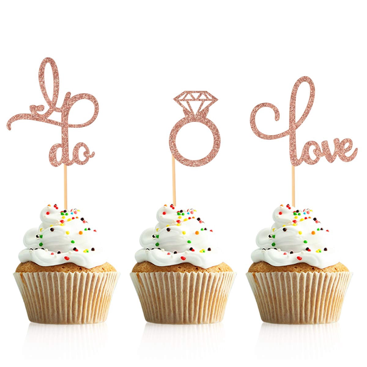 48 Pcs Gold Glitter Engagement Cupcake Toppers - Diamond Ring, Love, I Do Picks For Wedding, Bridal Shower