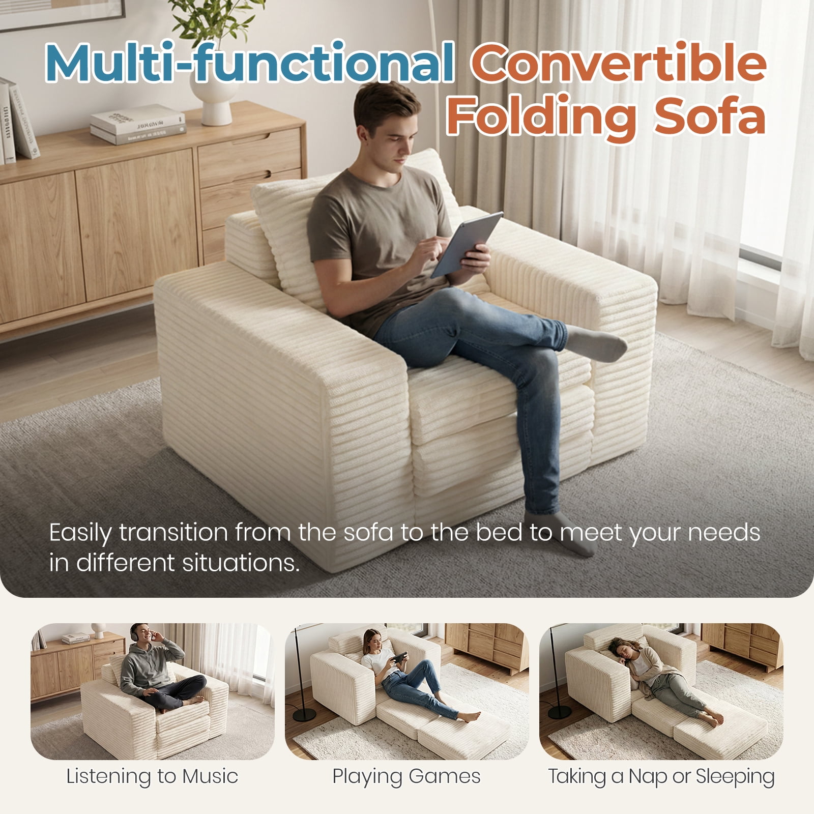 Single Pull Out Folding Sofa Bed, Corduroy Convertible Sleeper Couch with High Density Memory Foam & Pillow, 75.6" Sleeping Surface Space Saving Sofa for Dorm Apartment Guest Room