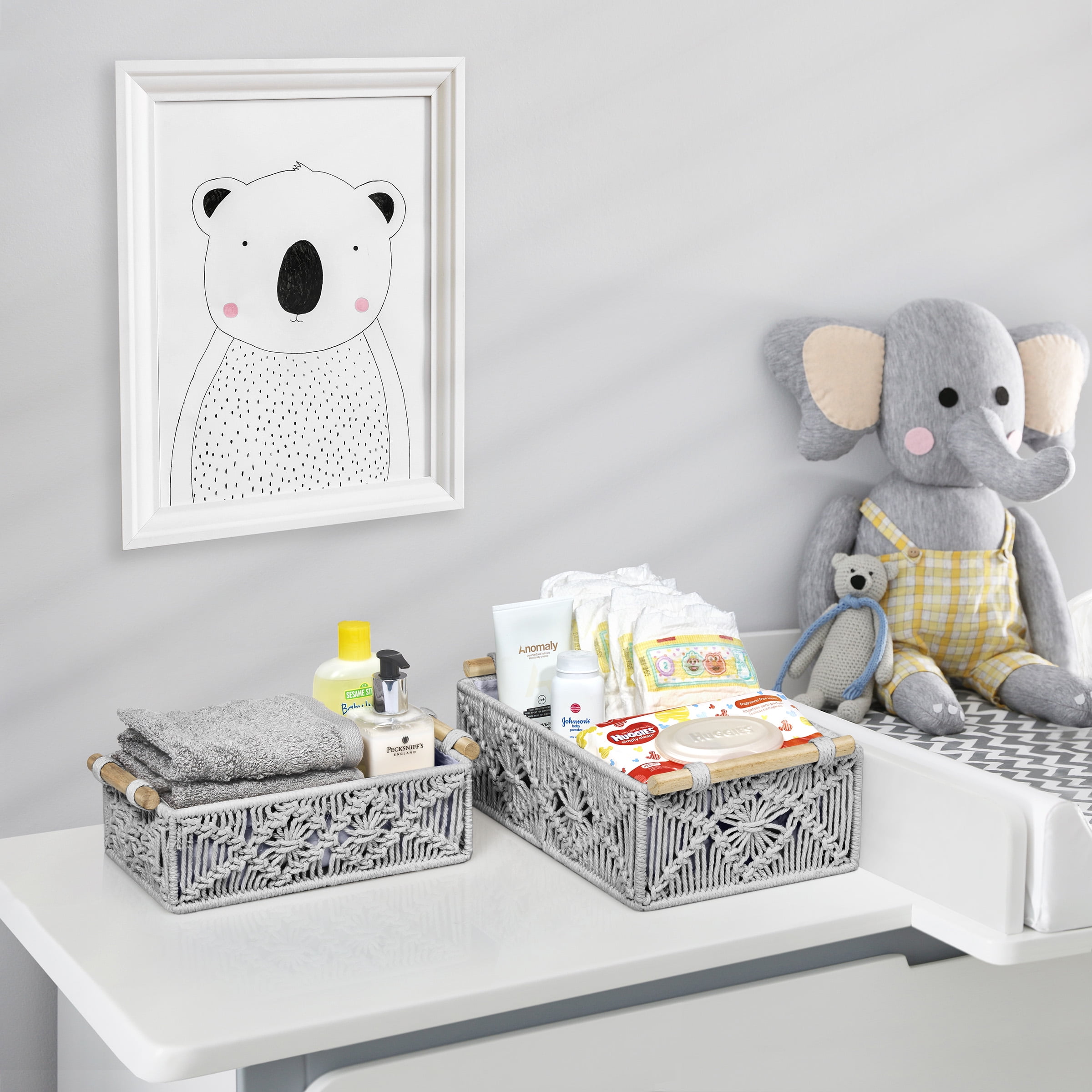 Sorbus Macrame Boho Baskets – 2-Pack Charcoal Gray Lined Baby & Nursery Storage for Diapers, Clothes