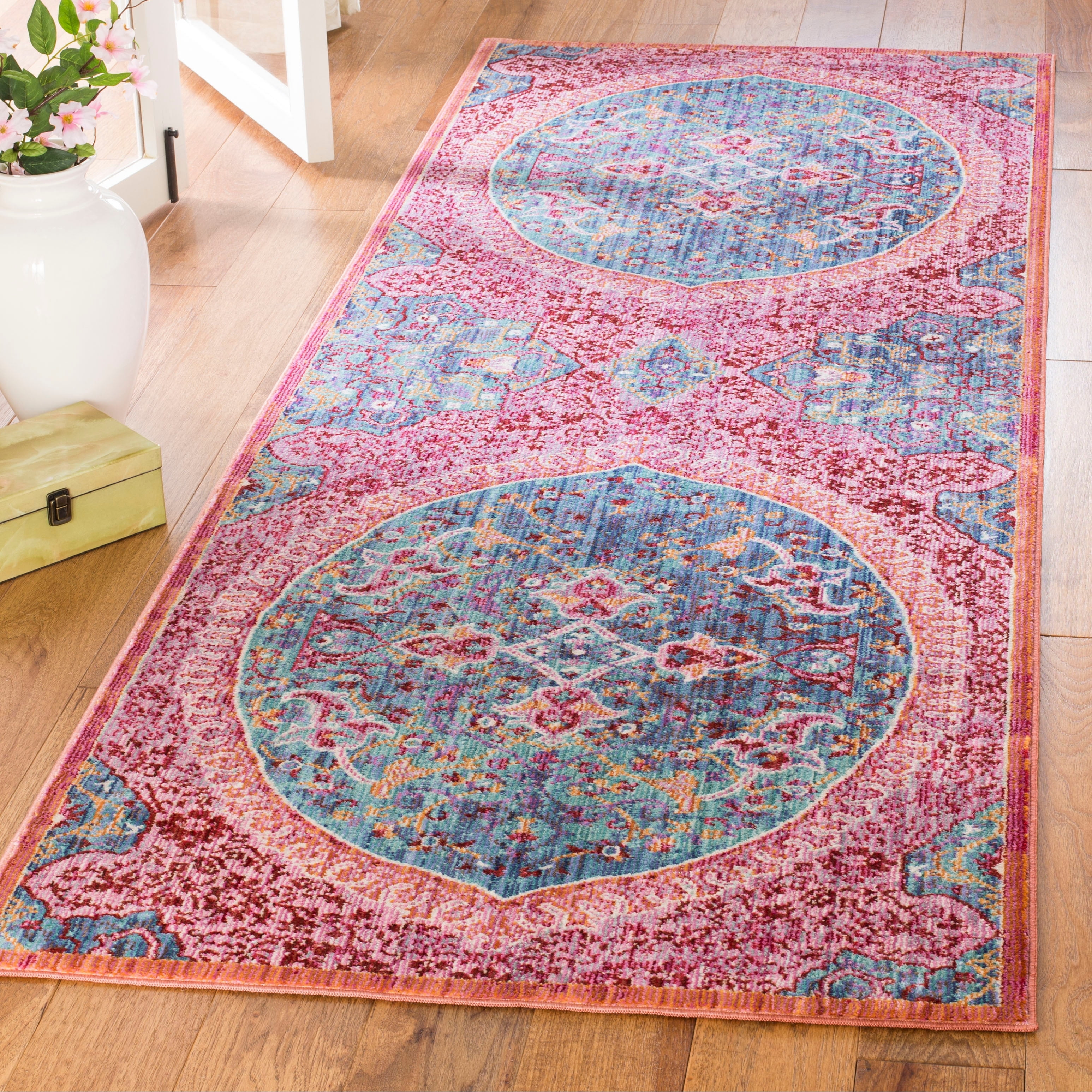 Fuchsia 6' x 6' Round Safavieh Sutton Collection SUT401B Boho Medallion Area Rug Turquoise Fuchsia 6' x 6' Round Safavieh Sutton Collection SUT401B Boho Medallion Area Rug Turquoise