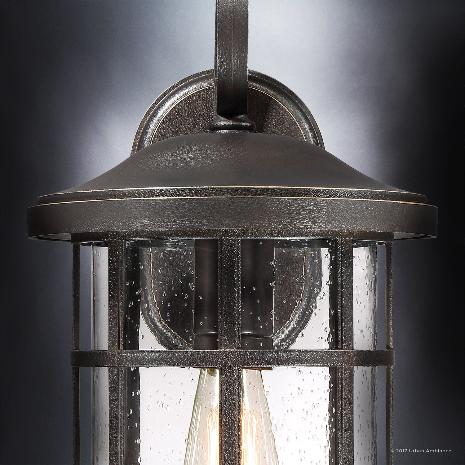 Urban Ambiance Luxury Craftsman Outdoor Wall Light, Medium Size: 17.75"H x 10"W, with Tudor Style Elements, Wrought Iron Design, Oil Rubbed Parisian Bronze Finish and Seeded Glass, UQL1045