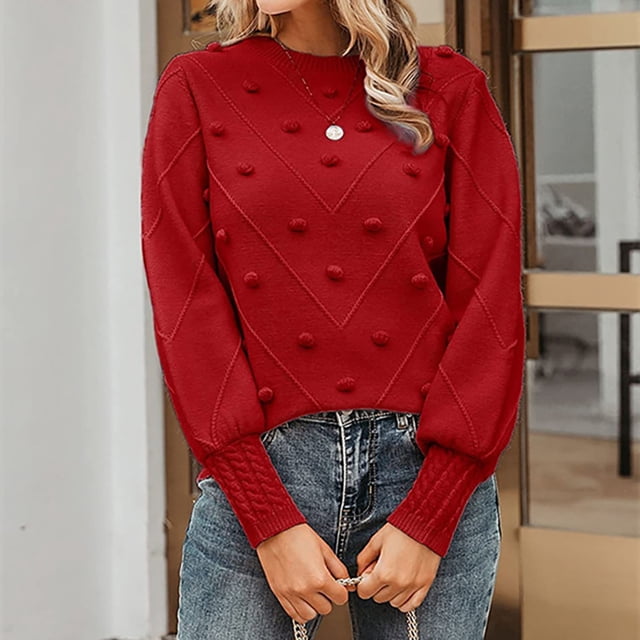 Babysbule Chandails pour Femmes Grande Taille Nouvelles Arrivées Mode Automne Femmes Couleur Unie Pompon Col Rond Liquidation Mode Féminine
