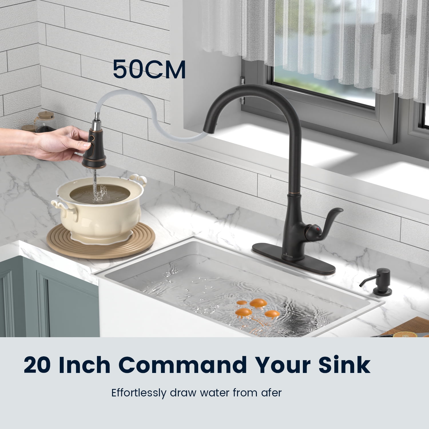 APPASO Oil Rubbed Bronze Kitchen Faucet, Stainless Steel Oil Rubbed Bronze High Arc Pull Out Kitchen Sink Faucets with Deck Plate and Soap Dispenser